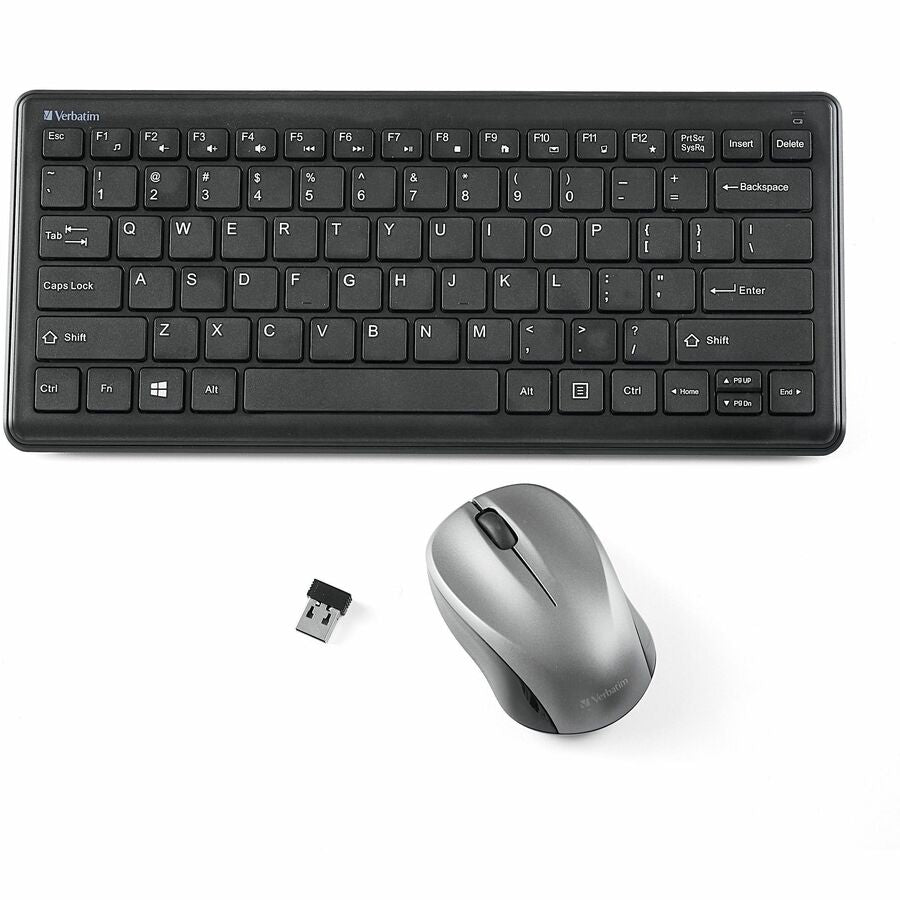 Verbatim Silent Wireless Compact Keyboard and Mouse - Wireless RF 2.40 GHz Keyboard Wireless RF Mouse - Blue LED - 1600 dpi - Compatible with PC, Mac - 70739