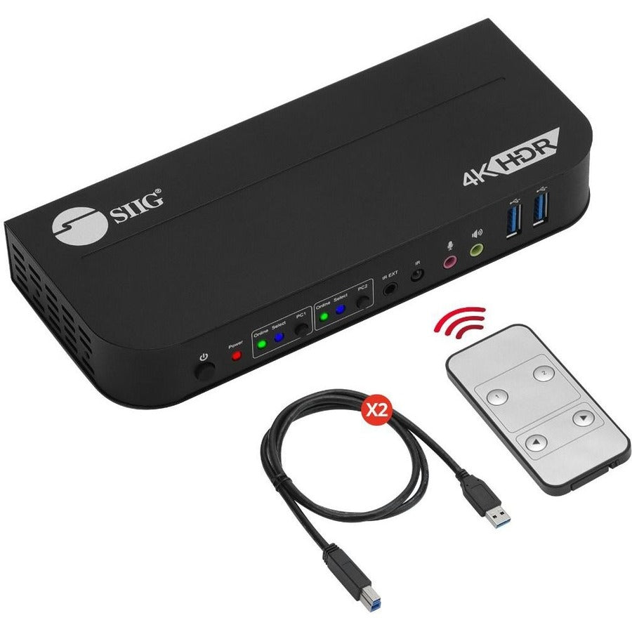 SIIG 2x1 HDMI 4K HDR KVM USB 3.0 Switch with Remote Control - Allows you to control 2 HDMI 4K computers using one keyboard and mouse - HDMI 4K@60, USB 3.0 ports, 3.5mm Phone & Mic Jacks, Switch Button, Hotkeys, Remote Control