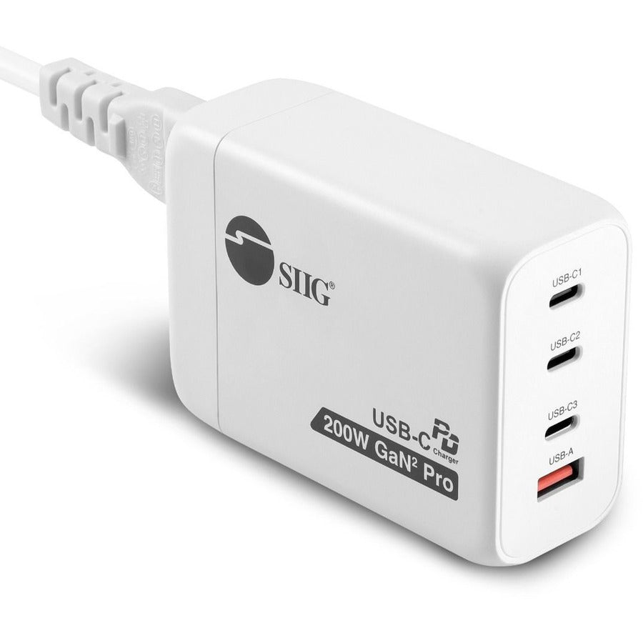 SIIG 200W GaN PD Combo Charger - 3C1A - Powerfull 4-Port high-power charger with three USB-C PD 3.0, Fast Charger 2.0, PPS and one USB-A Quick Charge 3.0 fast charging ports, Supports maximum 200W out - AC-PW1V11-S1