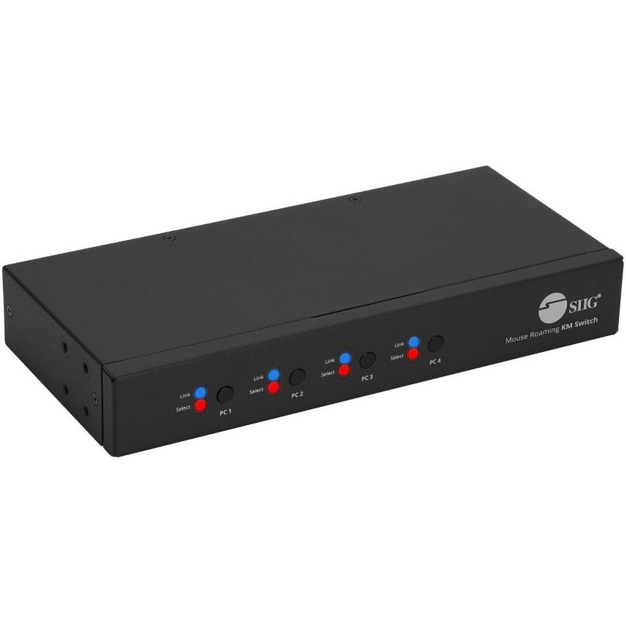 SIIG 4-Port Roaming KM Switch w/USB 2.0 Hub - 4-Port Roaming KM Switch, Allows you to share a set of Keyboard, Mouse, Audio and USB peripherals among 4 USB PC system - USB 2.0, Stereo Audio Output, Mouse Roaming, Switch Button, Hotkeys, TAA Compliant