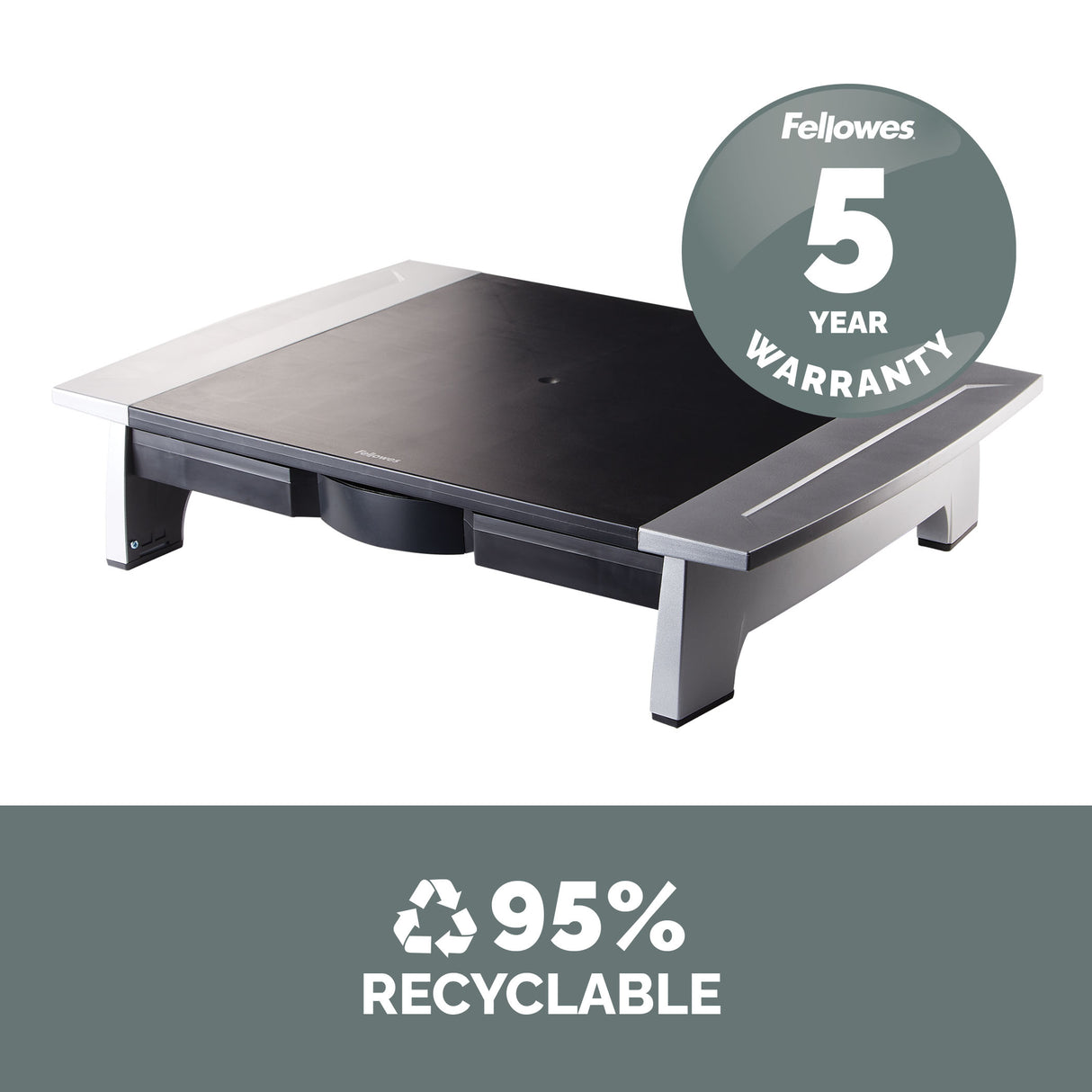 Fellowes Computer Monitor Stand with 5 Height Adjustments - Office Suites Monitor Riser with Storage Tray - Ergonomic Adjustable Monitor Stand for Computers - Max Weight 36KG/Max Size 28" - Graphite - 8031101