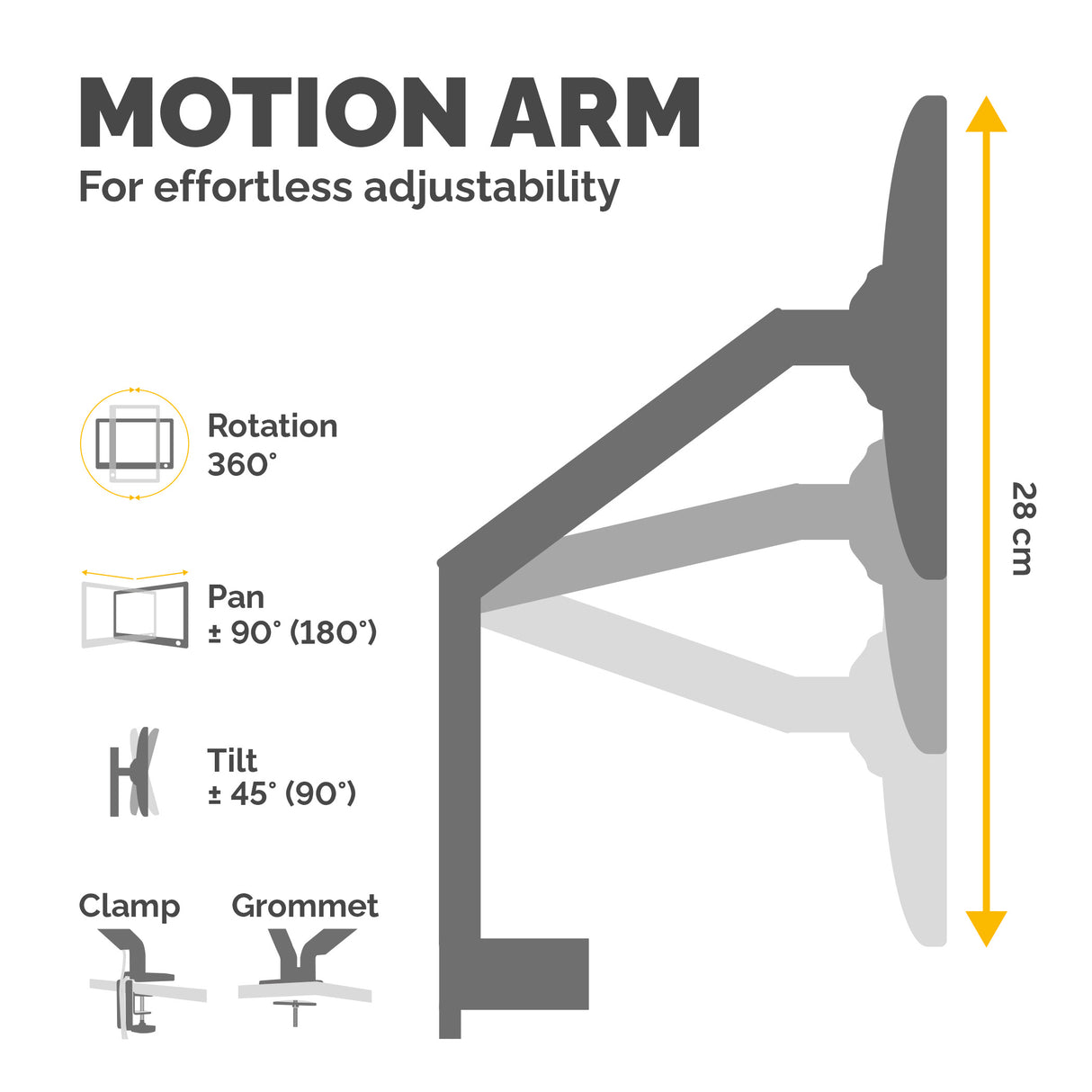 Fellowes Platinum Series Monitor Arm - Monitor Mount for 8KG 40 Inch Screens - Adjustable Monitor Desk Mount - Tilt 45° Pan 180° Swivel 360° Rotation 360°, VESA 75 x 75/100 x 100 - Silver - 8056401
