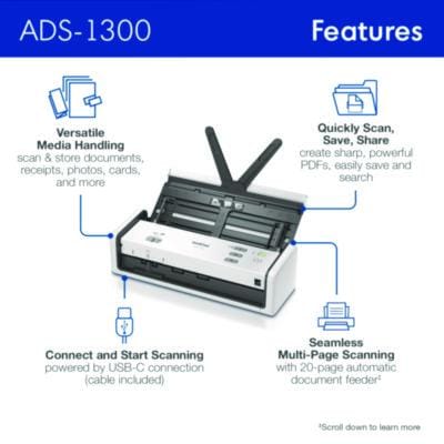 BROTHER Scanner ADS-1300 Compact Desktop Scanner, 600 dpi Optical Resolution, 20-Sheet Duplex Auto Document Feeder - ADS1300