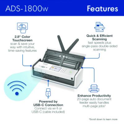 ADS-1800W Compact Desktop Scanner, 600 dpi Optical Resolution, 20-Sheet Duplex Auto Document Feeder - ADS1800W