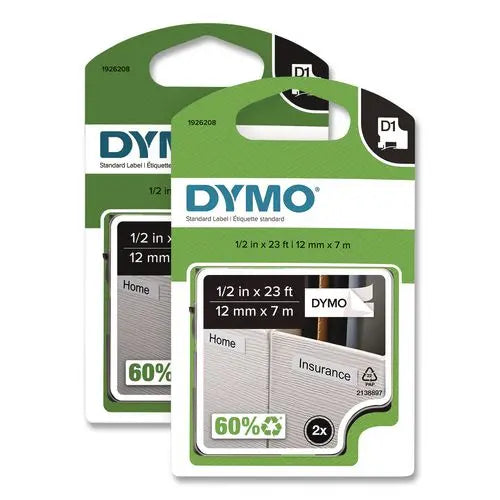 DYMO D1 Standard Labels, 0.5" x 23 ft, Black Print on White Tape, 2/Pack - 1926208 DYMO