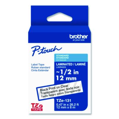 TZe Standard Adhesive Laminated Labeling Tape, 0.47" x 26.2 ft, Black on Clear - TZE131G