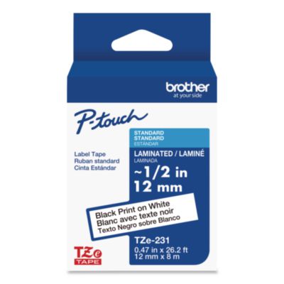 TZe Standard Adhesive Laminated Labeling Tape, 0.47" x 26.2 ft, Black on White - TZE231G