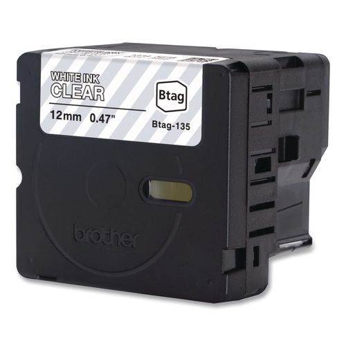 BROTHER Genuine P-Touch BTAG Label Tapes, 0.47" x 13.1 ft, White on Clear - BTAG135