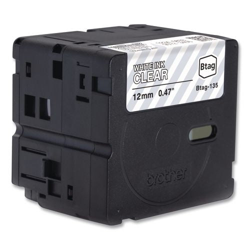 BROTHER Genuine P-Touch BTAG Label Tapes, 0.47" x 13.1 ft, White on Clear - BTAG135