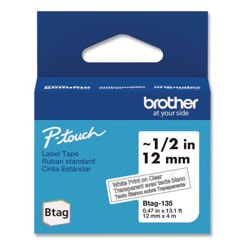 BROTHER Genuine P-Touch BTAG Label Tapes, 0.47" x 13.1 ft, White on Clear - BTAG135