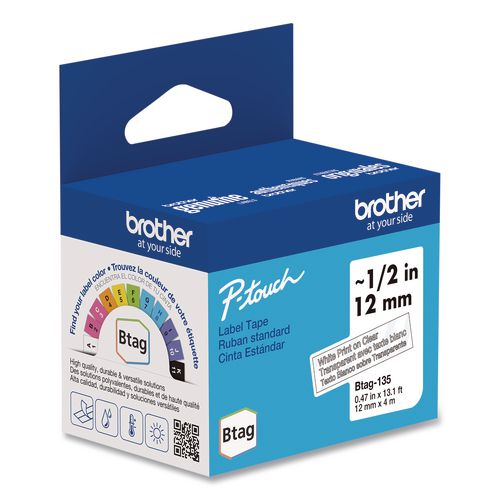 BROTHER Genuine P-Touch BTAG Label Tapes, 0.47" x 13.1 ft, White on Clear - BTAG135