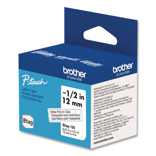 BROTHER Genuine P-Touch BTAG Label Tapes, 0.47" x 13.1 ft, White on Clear - BTAG135