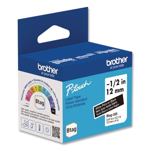 BROTHER Genuine P-Touch BTAG Label Tapes, 0.47" x 13.1 ft, White on Black - BTAG335 BROTHER