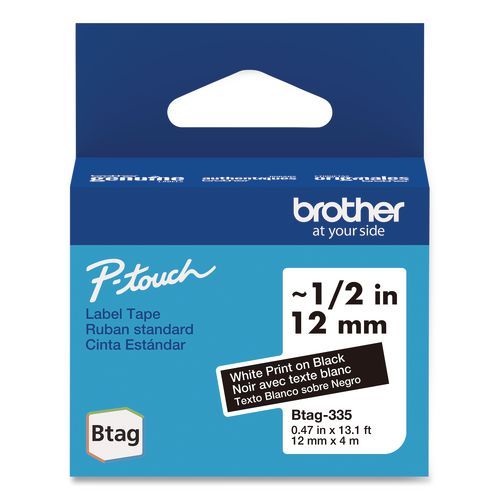 BROTHER Genuine P-Touch BTAG Label Tapes, 0.47" x 13.1 ft, White on Black - BTAG335 BROTHER