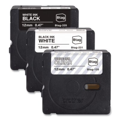 Genuine P-Touch BTAG Label Tapes, 0.47" x 13.1 ft, White on Clear, Black on White, White on Black, 3/Pack - BTAG3M01