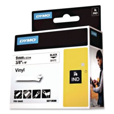 Rhino Permanent Vinyl Industrial Label Tape, 0.37" x 18 ft, White/Black Print - 18443