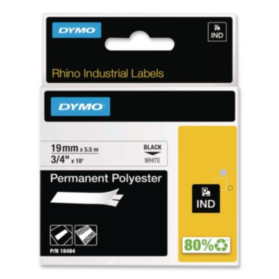 Rhino Permanent Poly Industrial Label Tape, 0.75" x 18 ft, White/Black Print - 18484