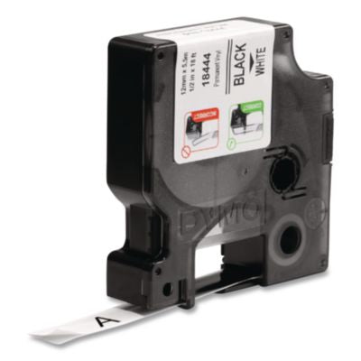 Rhino Permanent Vinyl Industrial Label Tape, 0.5" x 18 ft, Black/White Print - 1805435