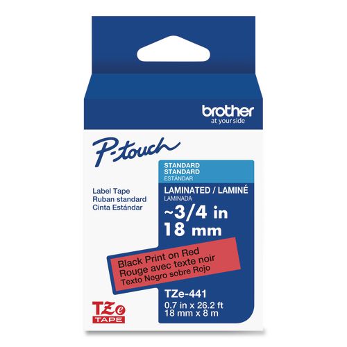 BROTHER TZe Standard Adhesive Laminated Labeling Tape, 0.7" x 26.2 ft, Black on Red - TZE441