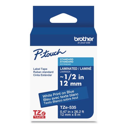 BROTHER TZe Laminated Removable Label Tapes, 0.47" x 26.2 ft, White on Blue - TZE535CS