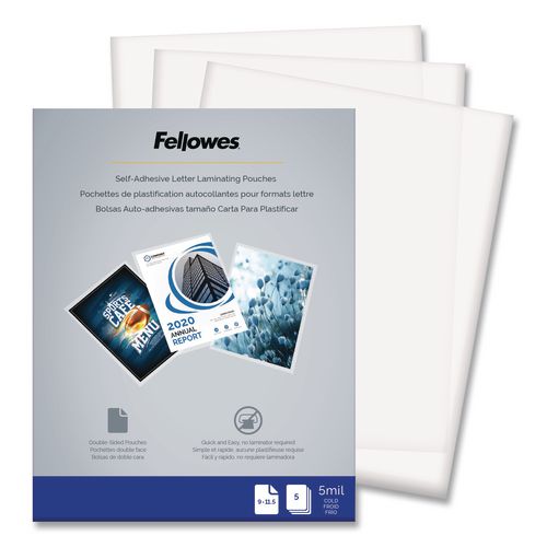 FELLOWES Self-Adhesive Laminating Pouches, 5 mil, 9" x 11.5", Gloss Clear, 5/Pack - 52205