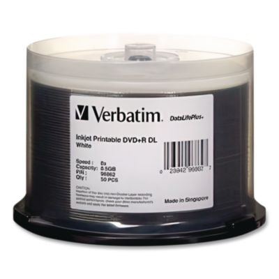 DVD+R Dual Layer Printable Recordable Disc, 8.5 GB, 8x, Spindle, White, 50/Pack - 98319
