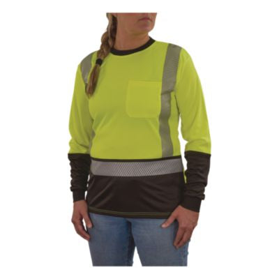 GloWear 8278BK Class 2 Women's Performance Hi-Vis Long Sleeve T-Shirt with Black Bottom, X-Large, Lime - 22335
