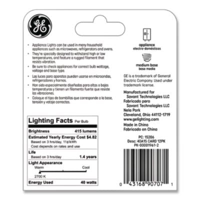 Incandescent A15 Light Bulb for Kitchen Appliances, 40 W, 120 V, Clear - 15206 C2G