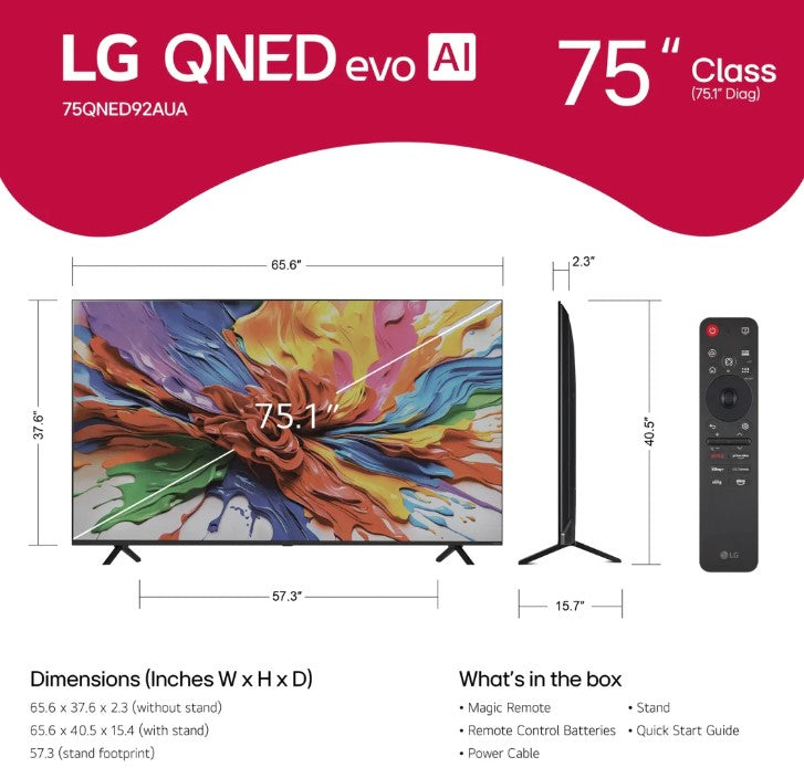 LG QNED evo AI 75QNED92AUA TV 190.5 cm (75") 4K Ultra HD Smart TV Wi-Fi Black - 75QNED92AUA LG