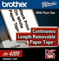 Brother 62mm (2 3/7") Black on White Removable Continuous Length Paper Label Tape (30m/100') (1/Pkg) - DK4205
