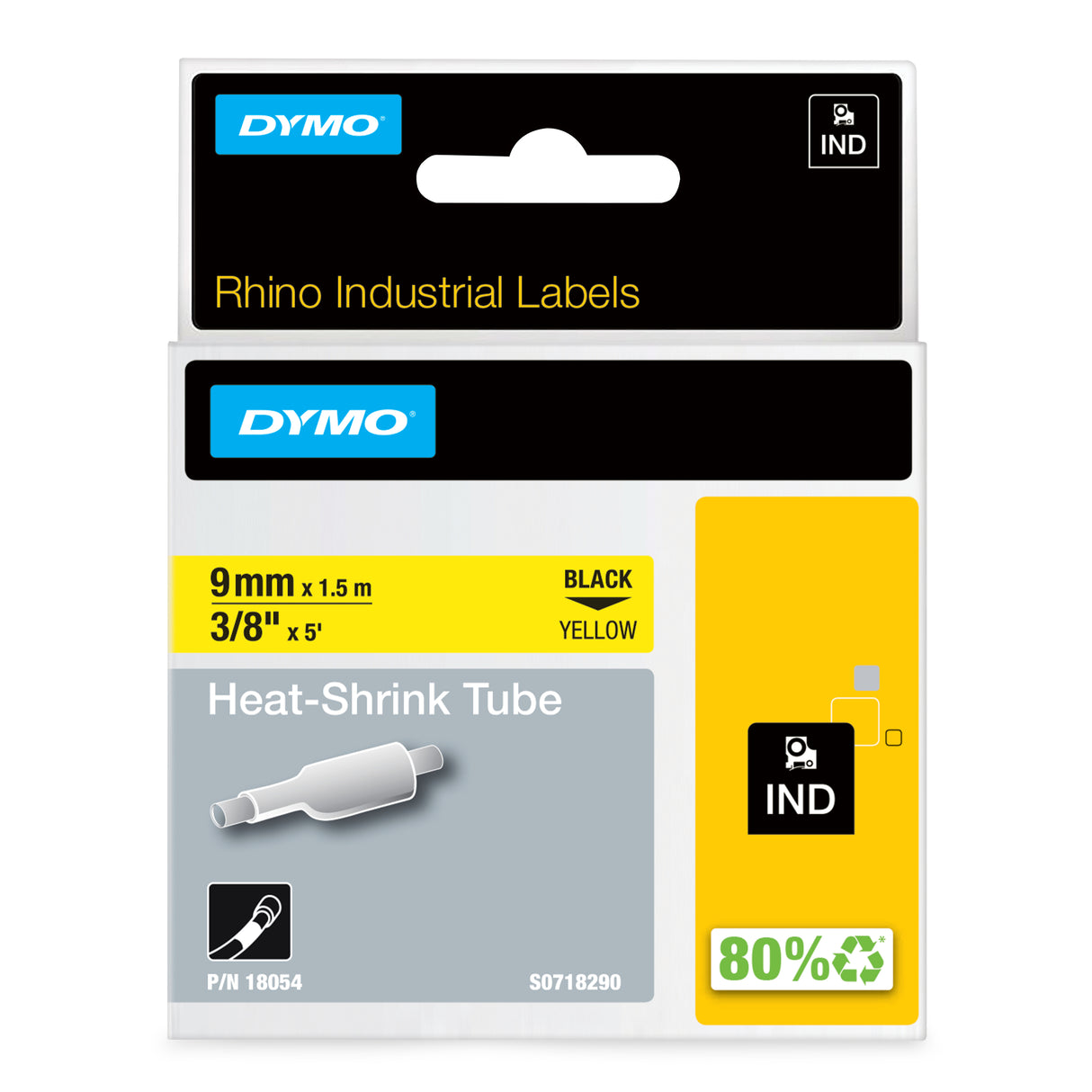 DYMO Rhino Industrial Heat-Shrink Cable Label Tubes | 9 mm x 1.5 m | Black on Yellow | for Rhino Label Makers - 18054