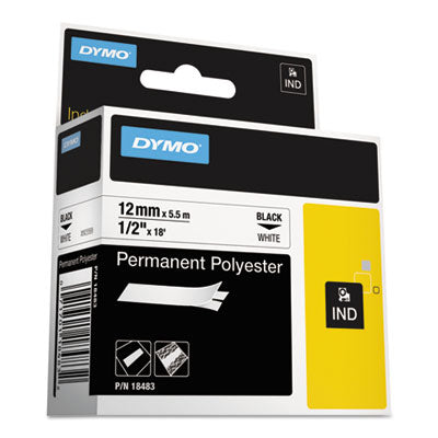 Rhino Permanent Poly Industrial Label Tape, 0.5" x 18 ft, White/Black Print - 18483