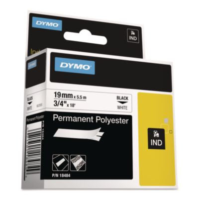 Rhino Permanent Poly Industrial Label Tape, 0.75" x 18 ft, White/Black Print - 18484