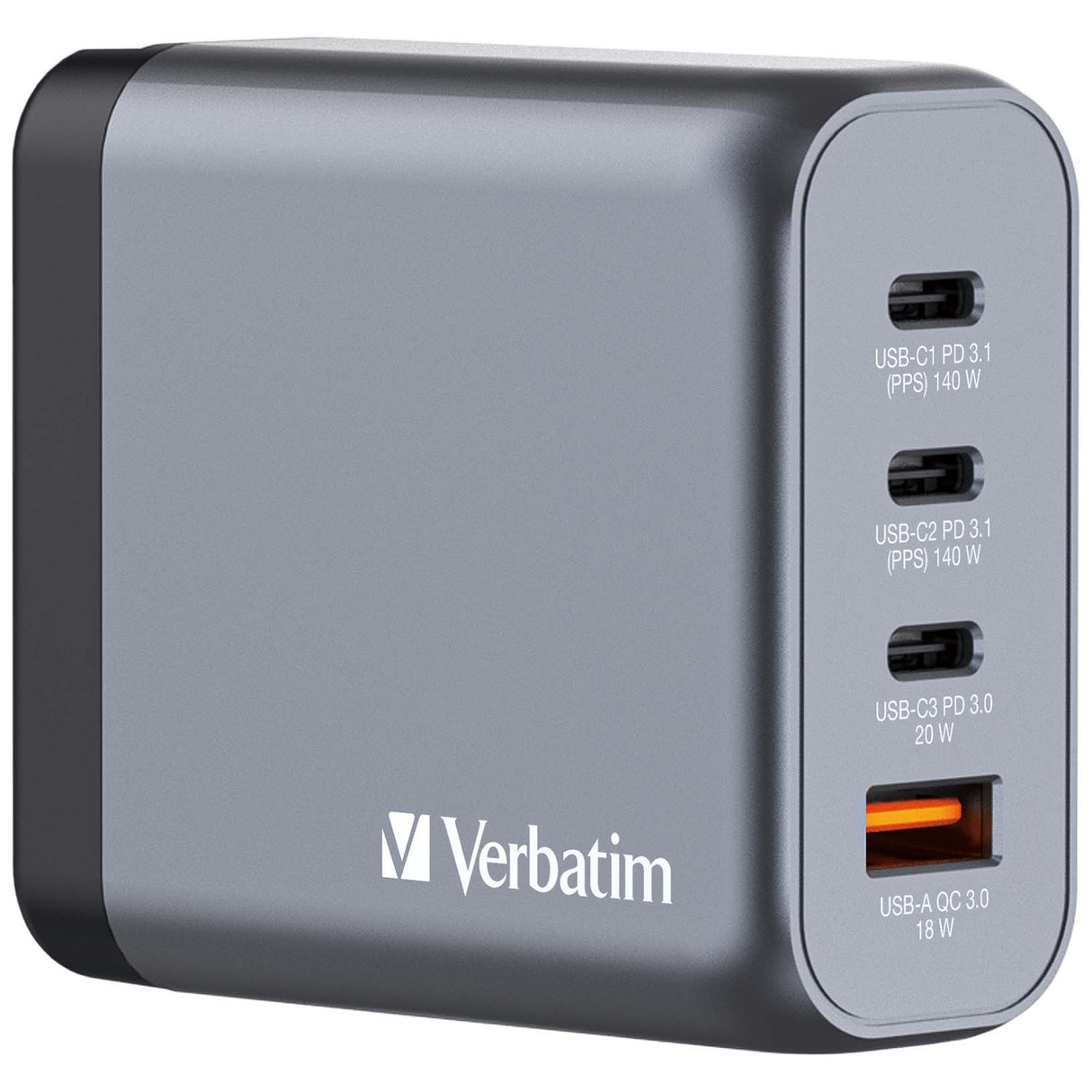 Verbatim GNC-140 GaN Charger 140W with 2 x USB-C PD 140W / 1 x USB-C PD 20W / 1 x USB-A QC 3.0 (EU/UK/US) - 32203