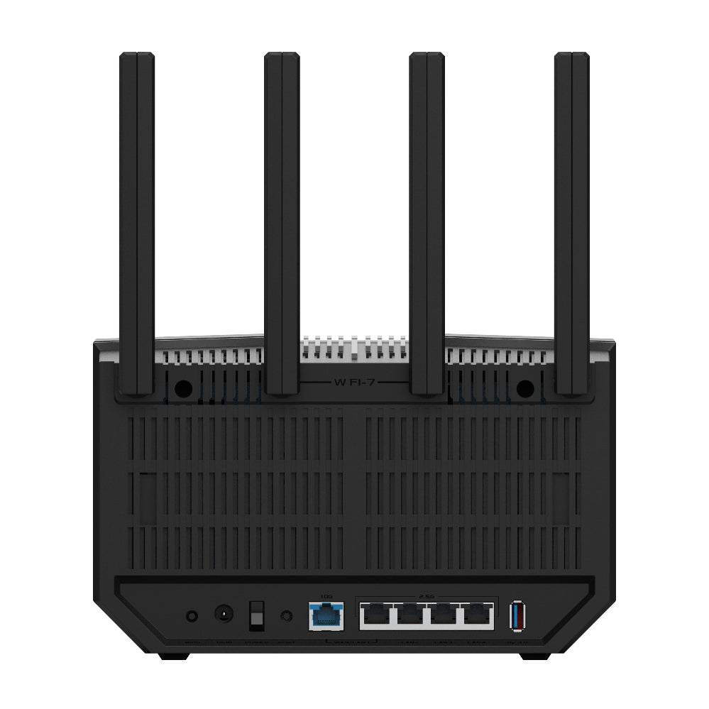 Black router with multiple antennas on a white background