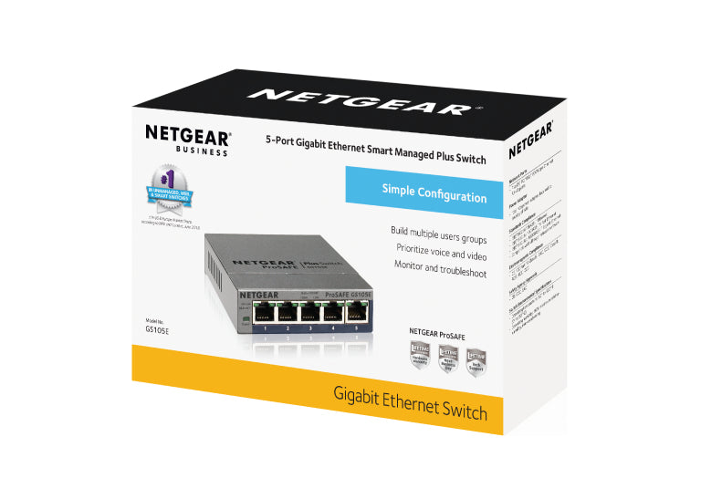 NETGEAR 5-Port Gigabit Ethernet Plus Switch (GS105Ev2) - GS105E-200NAS