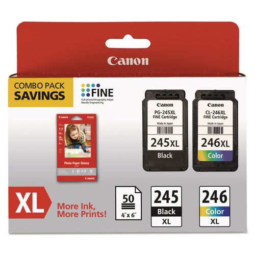 CANON  (PG-245XL/CL-246XL) Ink/Paper Combo, 180/300 Page-Yield, Black/Tri-Color - 8278B005