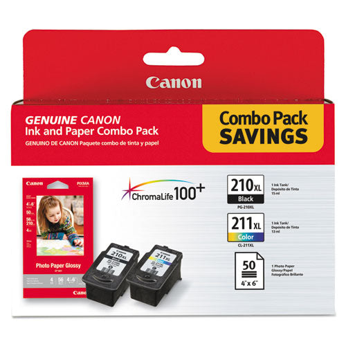 CANON  (PGI-210XL/CL-211XL) ChromaLife100+ High-Yield Ink/Paper Combo, Black/Tri-Color - 2973B004