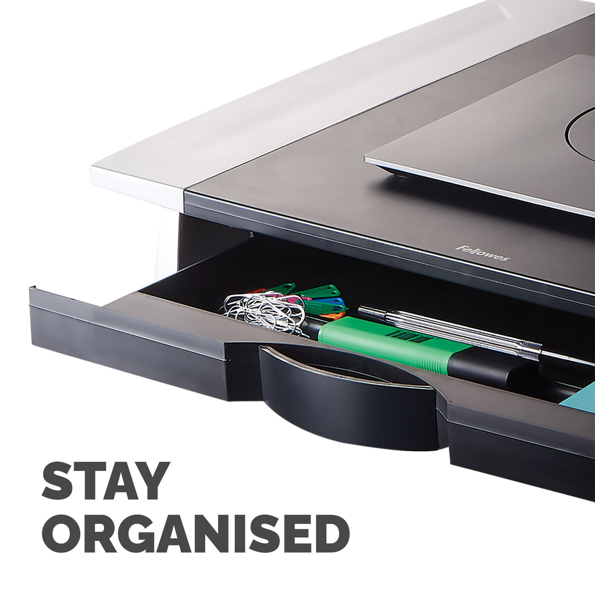 Fellowes Computer Monitor Stand with 5 Height Adjustments - Office Suites Monitor Riser with Storage Tray - Ergonomic Adjustable Monitor Stand for Computers - Max Weight 36KG/Max Size 28" - Graphite - 8031101