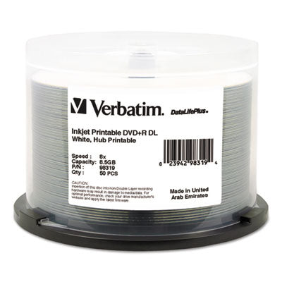 DVD+R Dual Layer Printable Recordable Disc, 8.5 GB, 8x, Spindle, White, 50/Pack - 98319