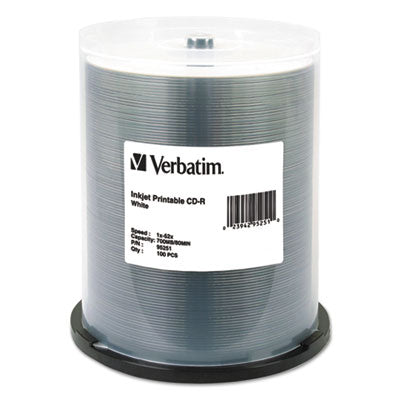 CD-R Printable Recordable Disc, 700 MB/80 Minute, 52x, Spindle, White, 100/Pack - 95251