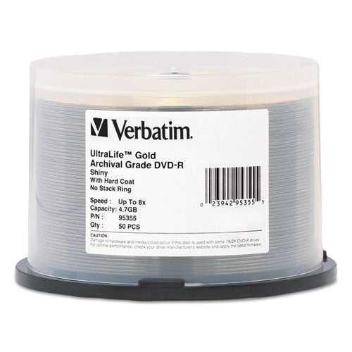 VERBATIM UltraLife Gold Archival Grade DVD-R, 4.7 GB, 16x, Spindle, Gold, 50/Pack - 95355