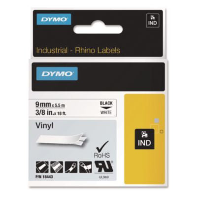 Rhino Permanent Vinyl Industrial Label Tape, 0.37" x 18 ft, White/Black Print - 18443