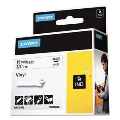 Rhino Permanent Vinyl Industrial Label Tape, 0.75" x 18 ft, White/Black Print - 18445 DYMO