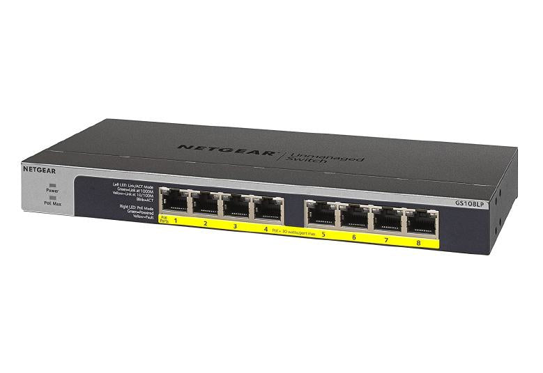 NETGEAR 8-PORT GIGABIT ETHERNET POE+ UNMANAGED SWITCH WITH 60W POE BUDGET (GS108 Gigabit Ethernet (10/100/1000) Power over Ethernet (PoE) 1U Black, Grey - GS108LP-100NAS