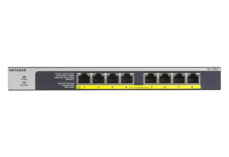 NETGEAR 8-PORT GIGABIT ETHERNET POE+ UNMANAGED SWITCH WITH 60W POE BUDGET (GS108 Gigabit Ethernet (10/100/1000) Power over Ethernet (PoE) 1U Black, Grey - GS108LP-100NAS