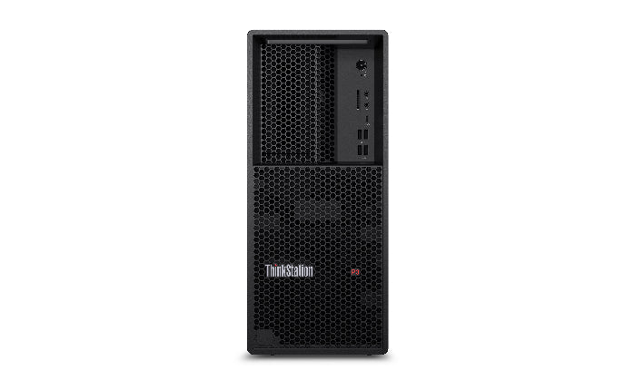 Black Lenovo ThinkStation computer tower on a white background