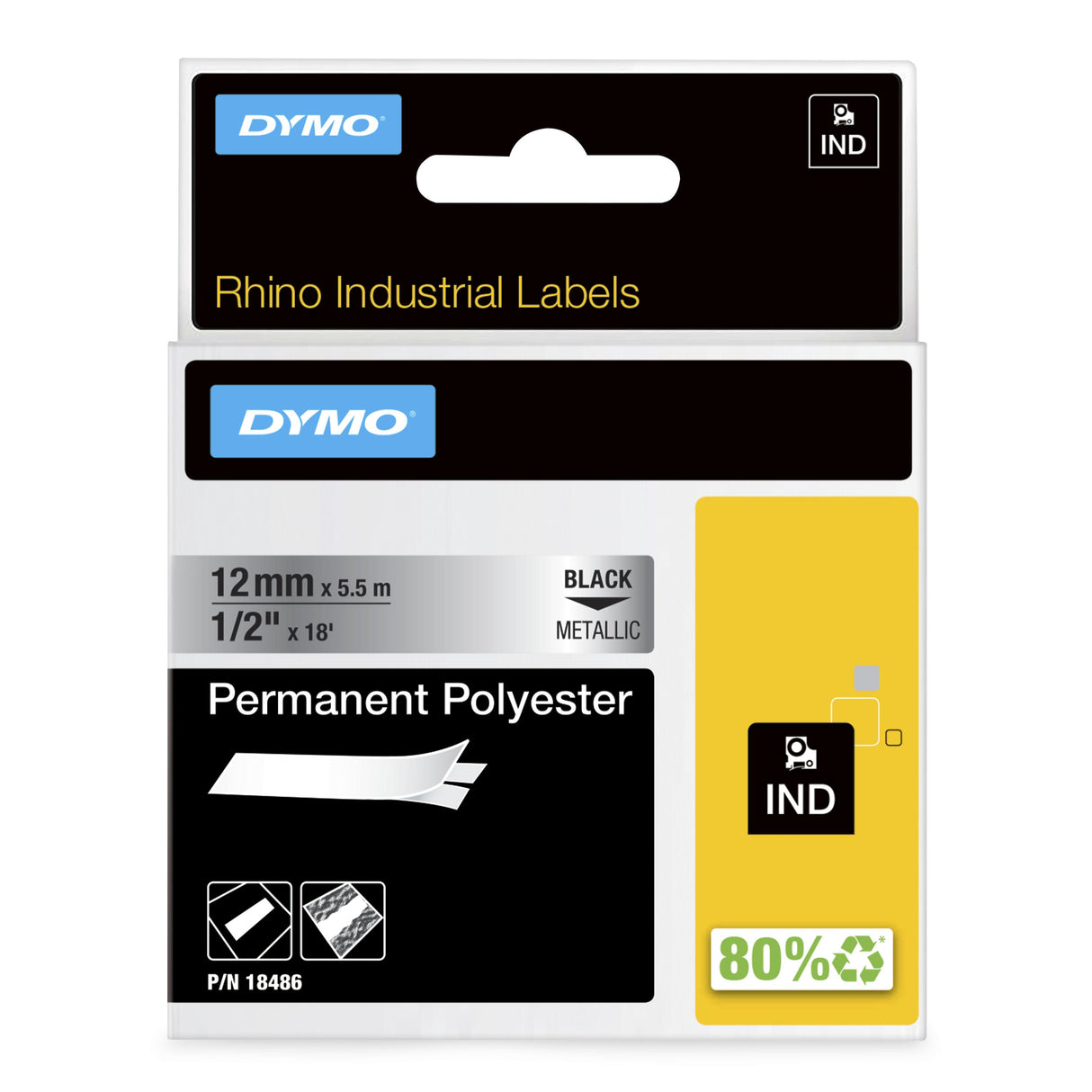 DYMO Rhino Industrial Permanent Polyester Labels | 12mm x 5.5m | Black Print on Metallic | for Rhino & LabelManager Label Makers - 18486