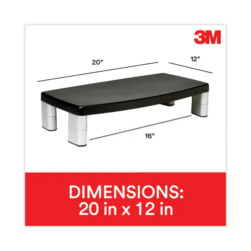3M 3M Extra-Wide Adjustable Monitor Stand, 20" x 12" x 1" to 5.78", Silver/Black, Supports 40 lbs - MS90B