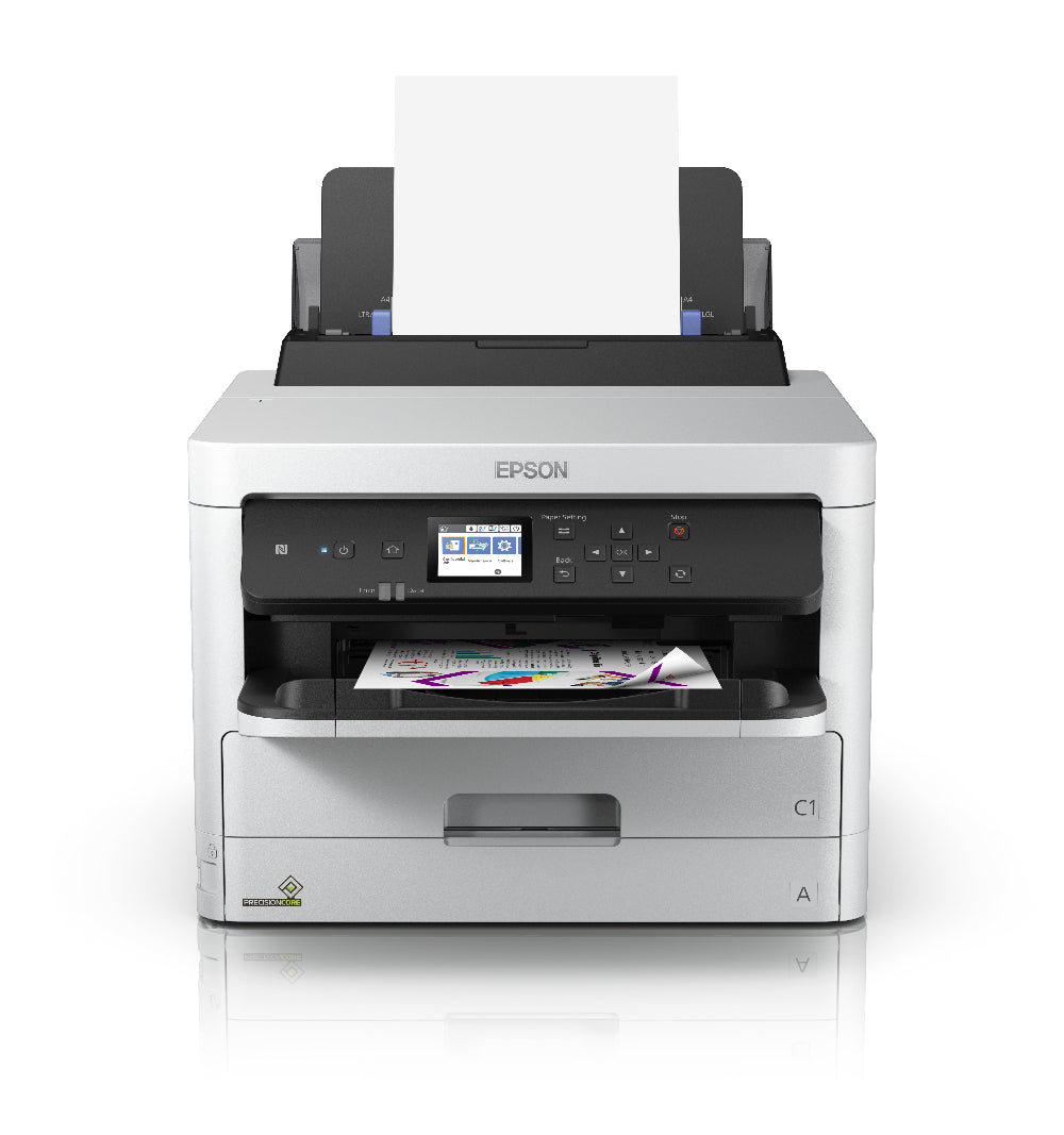 Epson printer with paper in a white background